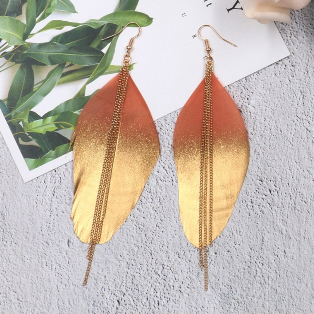 Exotic Feather Dipped in Gold Long Earrings 4in - Picture 5 of 5